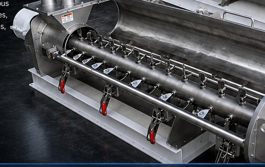 Open-trough cutaway of ELEIT Series continuous paddle mixer showing helical paddle arrangement