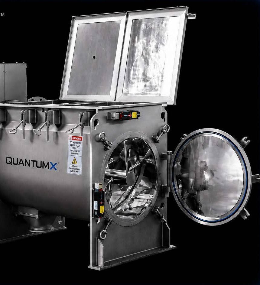QuantumX PRB horizontal ribbon mixer with full-length doors open showing double ribbon agitator